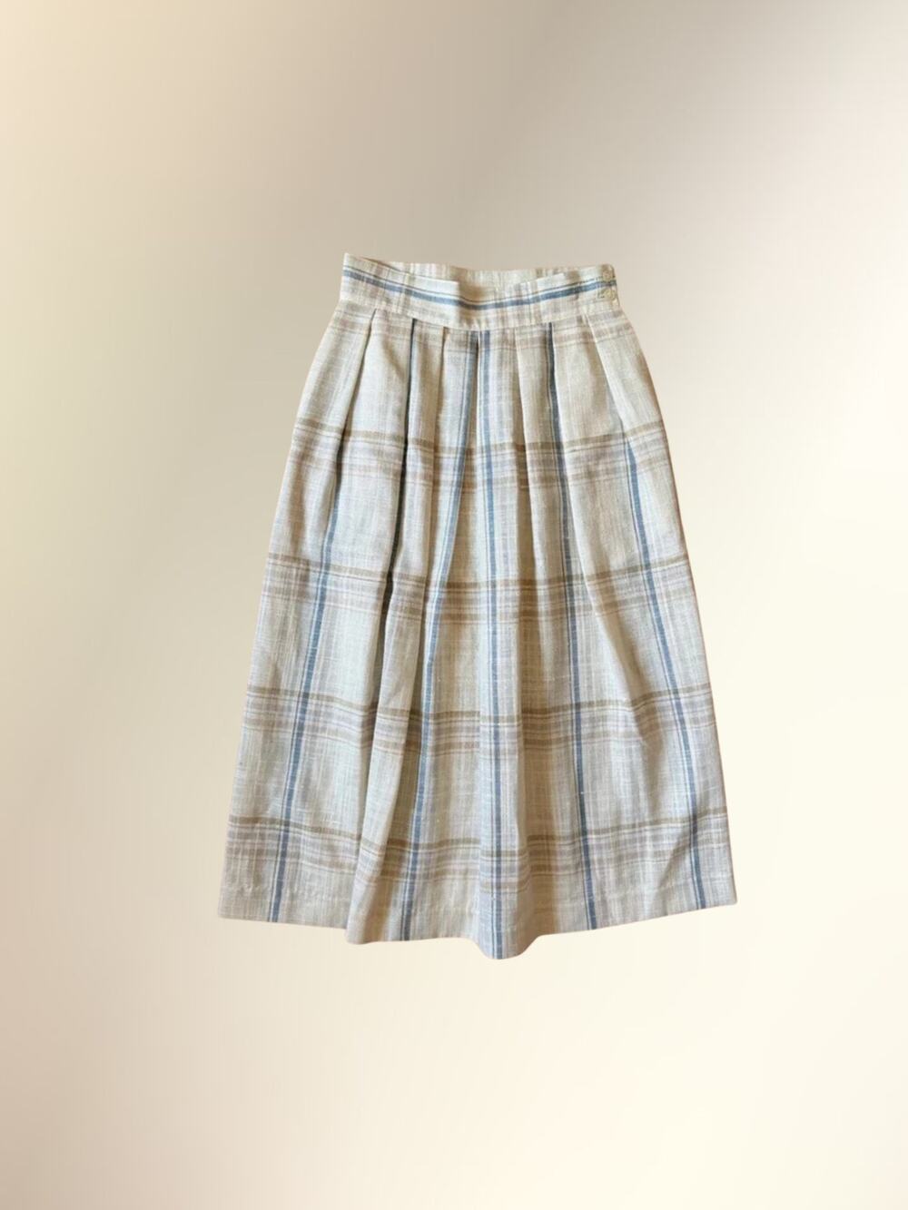 Vintage Gang Cream Blue Plaid Pleated High Waist Linen Midi Skirt Women's 7
